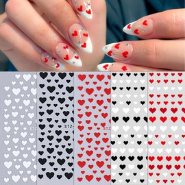 Valentine's Day Nail Art Stickers Heart Nail Decals 3D Self-Adhesive Heart Love Black Red White Nail Designs Nail Art Supplies Valentine's Day Nail Art Decals for Women Girls Manicure 5 Sheets