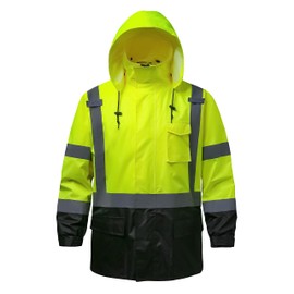 DPSAFETY Reflective Rain jackets for men waterproof,Hi Vis Safety Coat With Reflective Strips，High Visibility Class 3 Rain jackets With 2 large pockets，Zipper,Black Bottom Lime，LG/XL