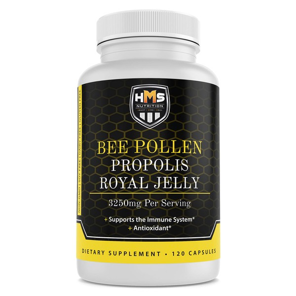 HMS Nutrition Premium Bee Pollen Daily Dietary Supplement - Includes Propolis & Royal Jelly - 3250mg Non-GMO, 120 Vegetarian Capsules - 30 Day Supply