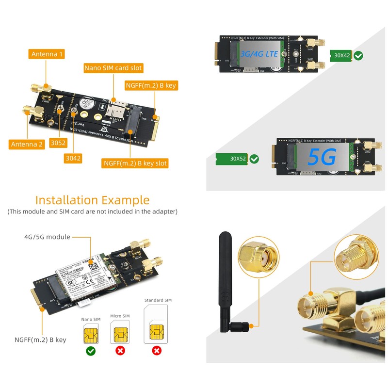 Kalea-INFORMATIQUE Adapter Extender M2 Bkey + SIM to M.2 B