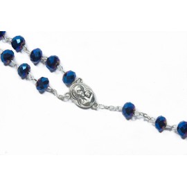 Nazareth Store Deep Blue Crystal Beads Rosary Catholic Necklace Holy Soil Medal and Crucifix Cross Velvet Bag