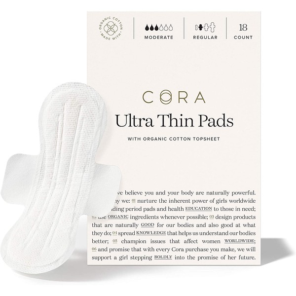 Cora Organic Pads | Ultra Thin Period Pads with Wings | Regular Absorbency | Ultra-Absorbent Sanitary Pads for Women | 100% Organic Cotton Topsheet (18 Count)