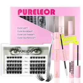 Cluster Lashes Extension Kit Individual DIY Eyeashes Extension Kit with Bond Seal Cluster Eyelash Applicator Remover 8-16mm Mixed Length Wispy 60Pcs Eyelashes Natural Look DIY at Home