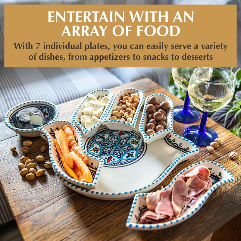 Kamsah Hamsa Serving Platter – 7-Piece Hand-Painted Ceramic Colorful Serving