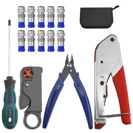 BGTXINGI 14Pcs Coaxial Cable Compression Crimping Tool Kit - RG59 RG6 Coax Crimper, Cable Stripper, Cutter with 10Pcs Connectors