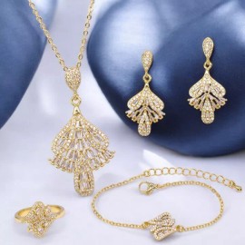 Unbranded 18k-Gold Plated with Cubic Zirconia Pendant Necklace Bracelet Earrings Rings Set