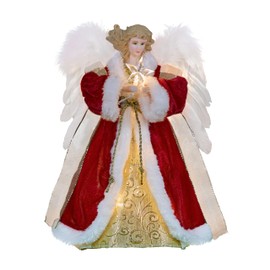 Cyraft Angel Tree Topper with Moving Wings, 12-Inch Gold Cloth Lighted Christmas Tree Topper Angel Holding a Star, Both Plug in and Battery Operated, Long Cord, Moving Angel Treetopper