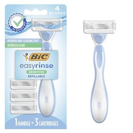 BIC EasyRinse - Maquinillas de afeitar sensibles antiobstrucción y recargables para mujer con 4 cuchillas, 1 mango de afeitar y 3 cartuchos de afeitar