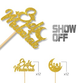 Eid Mubarak Cupcake-Topper/Mondstern/Ramadan-Kareem-Cupcake-Topper/Happy Eid-Party-Cupcake-Dekorationen – islamisch-muslimische Party-Dekoration, goldener Glitzer, 24 Stück
