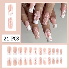 White French Tips Bow press on Nails Long Square Embossed with Line Flower Pearl Rhinestone Design Nude Pink Reusable Full Cover Acrylic Fake Nails for Women Girls Manicure Decorations 24Pcs