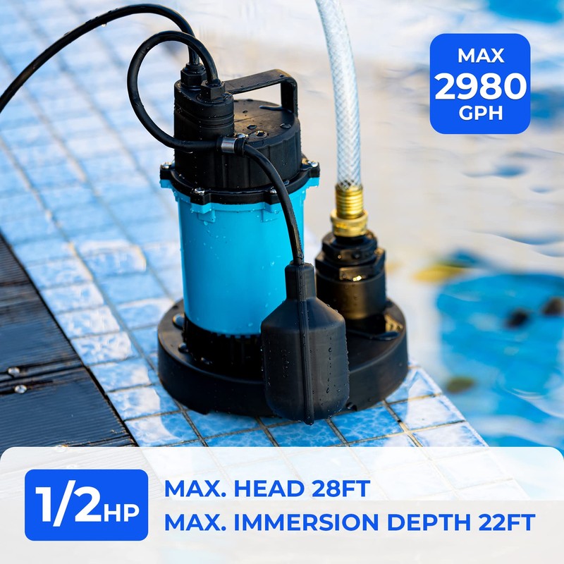 BOMGIE 1/2 HP 2980 GPH Submersible Sump Pump, Clean/Dirty Water