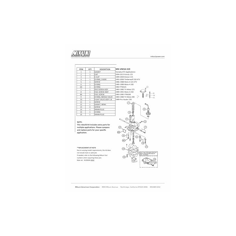 Mikuni Carburetor Rebuild Kit for Yamaha ATVs with Mikuni VM18