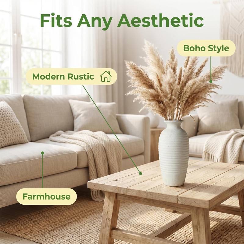 14.4 Inch Farmhouse Ceramic Vase for Pampas Grass, Off White