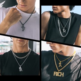 Richsteel Chain With R Initial Pendant For Men Boys Necklace Black Letter Diamond Necklaces Rapper Jewellery