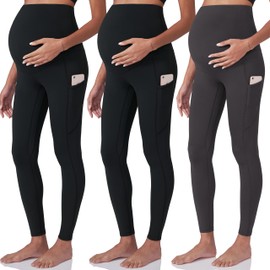 POSHDIVAH 3 Pack Black Black Grey Women's Maternity Workout Leggings Over The Belly Pregnancy Yoga Pants with Pockets Small