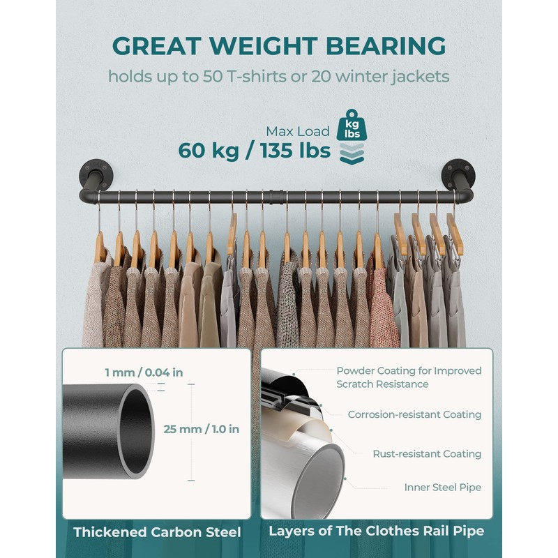 OROPY Industrial Pipe Clothes Rack Wall Mounted Set of 2,