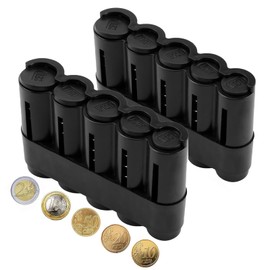 LIULINY Pack of 2 Change Storage, Compact Coin Holder Euro Coin Dispenser with 5 Coin Sorters, Eur Coin Box with Feathers, Plastic Euro Coin Sorter for Taxis Buses Restaurant (Black)