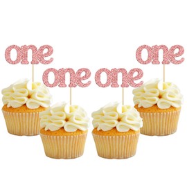 24 piezas de decoración para magdalenas de primer cumpleaños con purpurina, 1 palillo para cupcakes, baby shower, 1 cumpleaños, decoración para tartas, suministros para fiestas, color oro rosa