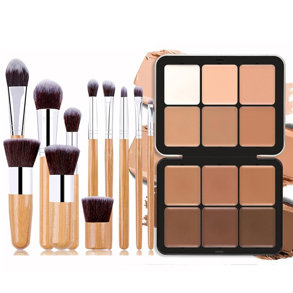 Joyeee 12 Colours Contouring Concealer Palette, Cream Foundation Contouring Palette + 11 Piece Make Up Brush Set, Concealer Dark Circles, Mixable Shades