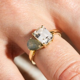 HUASAI Gold Birthstone Rings for Women: 14K Gold Plated Toi Et Moi Ring with 2 Birthstones, Dainty Stackable Rings, Perfect Birthday Gifts