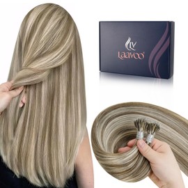 LaaVoo Nano Hair Extensions Real Human Hair Blonde Nano Beads Hair Extensions 22 Inch Highlight Light Brown Straight Remy Hair Invisible Micro Ring 50g 50s #p8/24
