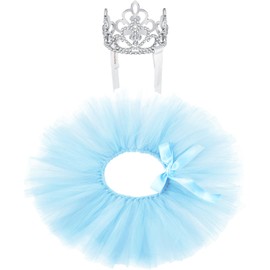 Hillban 2 Pcs Dog Crown Headband Dog Tutu Dress Set Crystal Rhinestone Tiara Crown Tutu Skirt Pet Dress Costume for Puppy Birthday Party Wedding Photo Prop Costume(Blue,X Large)