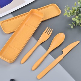 Noewmub Plastic Cutlery Reusable Set, 1 Set Travel Cutlery with Case, Camping Cutlery Set, Portable Utensils, for Lunch Box, School, Picnic, Travel, Camping or Daily Use (Yellow)