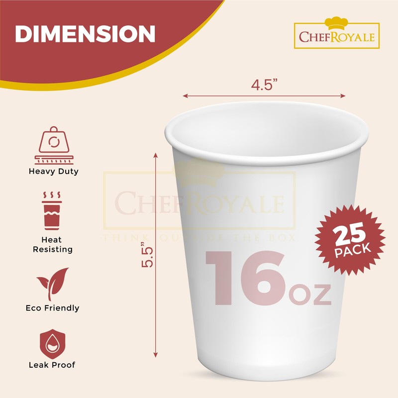 CHEF ROYALE Pack of 25 x 16oz Paper Cups for