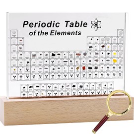 Large Periodic Table with 83 Real Elements Inside, Acrylic Periodic Table of Chemical Elements with Wooden Stand and Magnifying Glass, Periodic Tables Display with Elements for Teacher Students