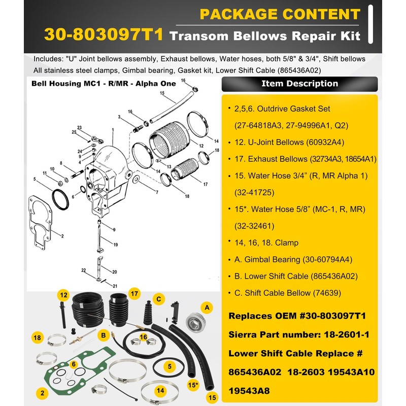 Transom Bellows Repair Reseal Kit & Lower Shift Cable For