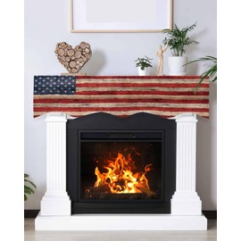 Independence Day Mantel Scarf for Fireplace 70 x 17 inches Wooden Abstract American Flag Decorations Fireplace Scarf Cover Mantel Shelf Top Runner for Home Festive Party Supplies