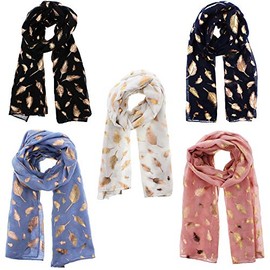 Zac's Alter Ego Set of 5 Ladies Lightweight Assorted Colour Gold Foil Feathers Print Scarves