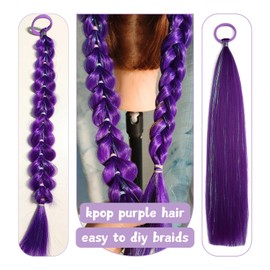 Kpop Purple Hair Extensions for Braids Purple Ponytail Extension Tie in 2 Packs, 16 inch Crazy Hair Day Accessories for Women, DIY Festival Wacky Rave Braids for Fun Spirit Week