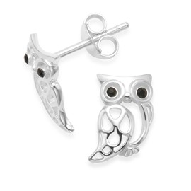 Heather Needham Sterling Silver Owl Earrings with black Cubic Zirconia eyes - SIZE: 10mm. Gift Boxed. 5239/HNbox