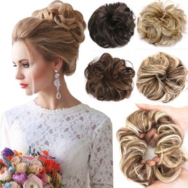 Messy Hair Scrunchies Hair Bun Extensions Curly Wavy Hair Pieces For Women Updo Ponytail Hair Extensions Hair Donut Hair Chignons Hair Accessories 2Pack 50g/Pack (Ginger Brown Mix Bleach Blonde)