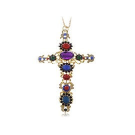 Alilang Golden Tone Festive Multicolor Crystal Rhinestone Holy Cross Pendant Necklace