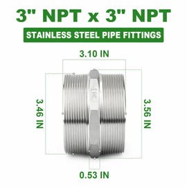 TAISHER 1PCS Cast 304 Stainless Steel Hex Nipple, Pipe Fitting 3" NPT Male x 3" NPT Male