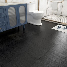FunStick 30 Pcs Black Vinyl Flooring Waterproof Wood Peel and Stick Floor Tile Bathroom Stick on Floor Tiles for Kitchen Removable Peel and Stick Tile Flooring for RV Linoleum Flooring Renters 12"x12"