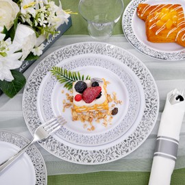 WELLIFE 175Pcs Silver Dinnerware Sets, Party Plates and Cups and Napkins Sets Include:25 Dinner Plates, 25 Dessert Plates, 25 Paper Napkins, 25 Cups, 75 Silver Silverware Set for Party and Weddings