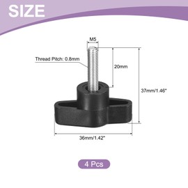 uxcell 4Pcs Tee Wing Knobs Thumb Screws, M5 x 20mm Clamping Screw Knob Male Thread 304 Stainless Steel T Shaped Thumb Screws Handle 36mm Dia. for Hand Tightening Knob Replacement, Black