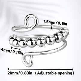 Crethinkaty Anxiety Ring - Adjustable Spinner Rings for Fidget, Stress Relief, and Meditation - Rotatable Stackable 10 Beads for Men and Women - Unique Design for Calmness and Focus (Silvery)