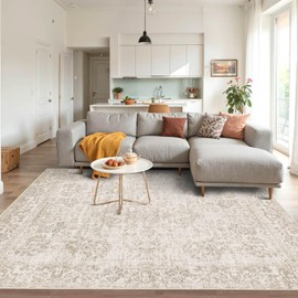 Rugxara 4x6 Washable Area Rug for Living Room, Vintage Neutral Boho Rugs for Office, Dining Room, Kids Room, Farmhouse, Durable Low Pile Non Slip Carpet for High Traffic Areas, Light Bown