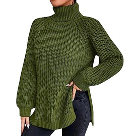 QUINTRA Loose Solid Color Sweater Medium Long Autumn/Winter Turtleneck Long Sleeved Knit Sweater Maternity Pullover Sweater (AA-Green, M)