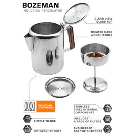 COLETTI Bozeman Induction Coffee Maker — Percolator Coffee Pot, Coffee Percolator – Brews 3 Kinds of Ways: Fire, Stovetop, & Induction [9 cup, Induction]