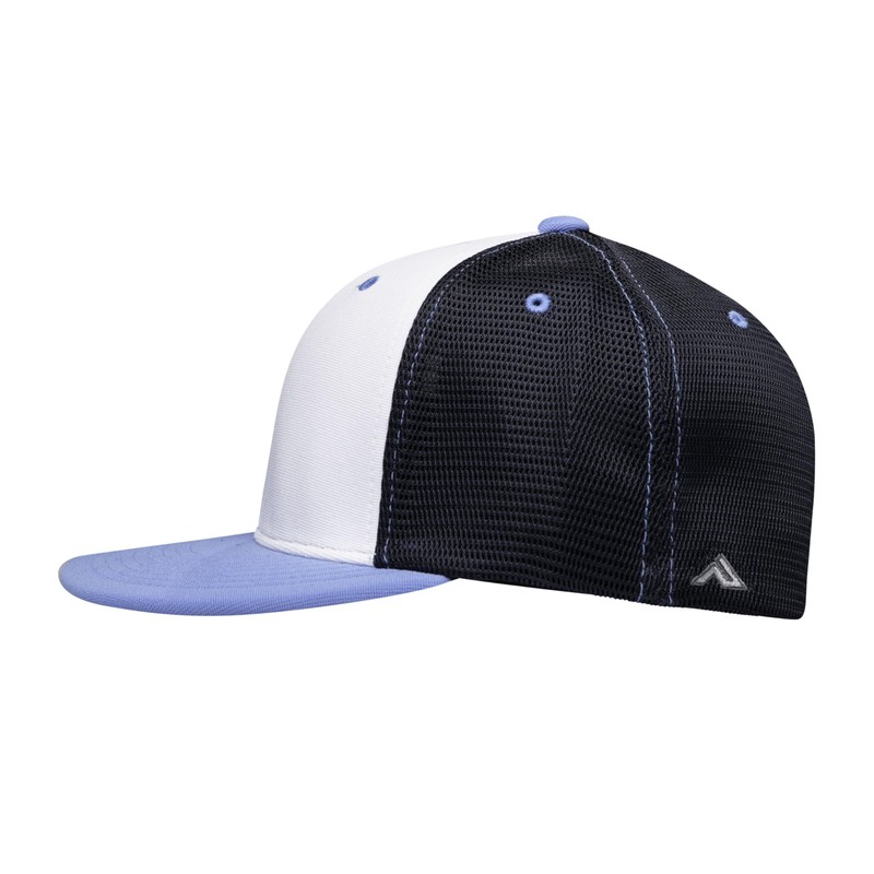 Pacific Headwear Standard Premium M2 Performance Trucker Flexfit Cap, White/Navy/Columbia