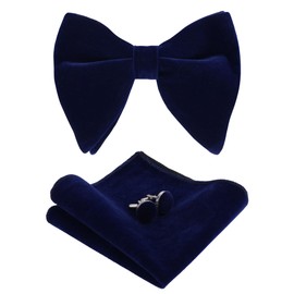 Alizeal Mens Pre-Tied Velvet Oversized Bow Tie, Hanky and Cufflinks Set Classic Formal Solid Color Bowtie Set, Navy Blue