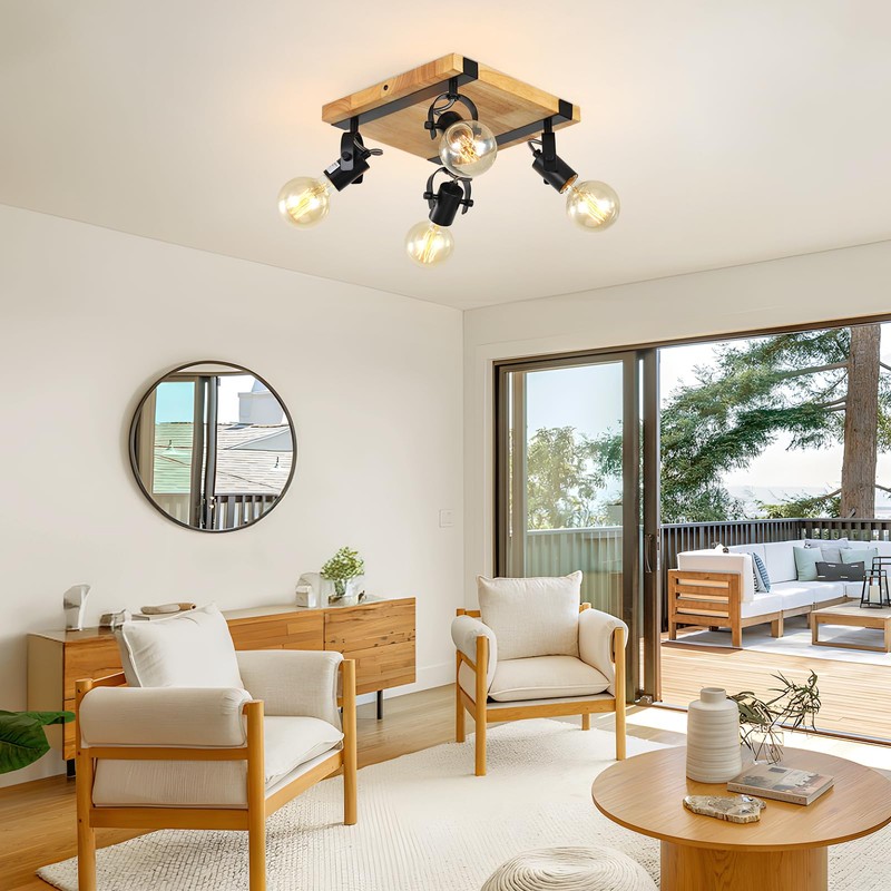 SEEBLEN Farmhouse Wooden Flush Mount Ceiling Lamp,4-Light Directional Ceiling Spotlight