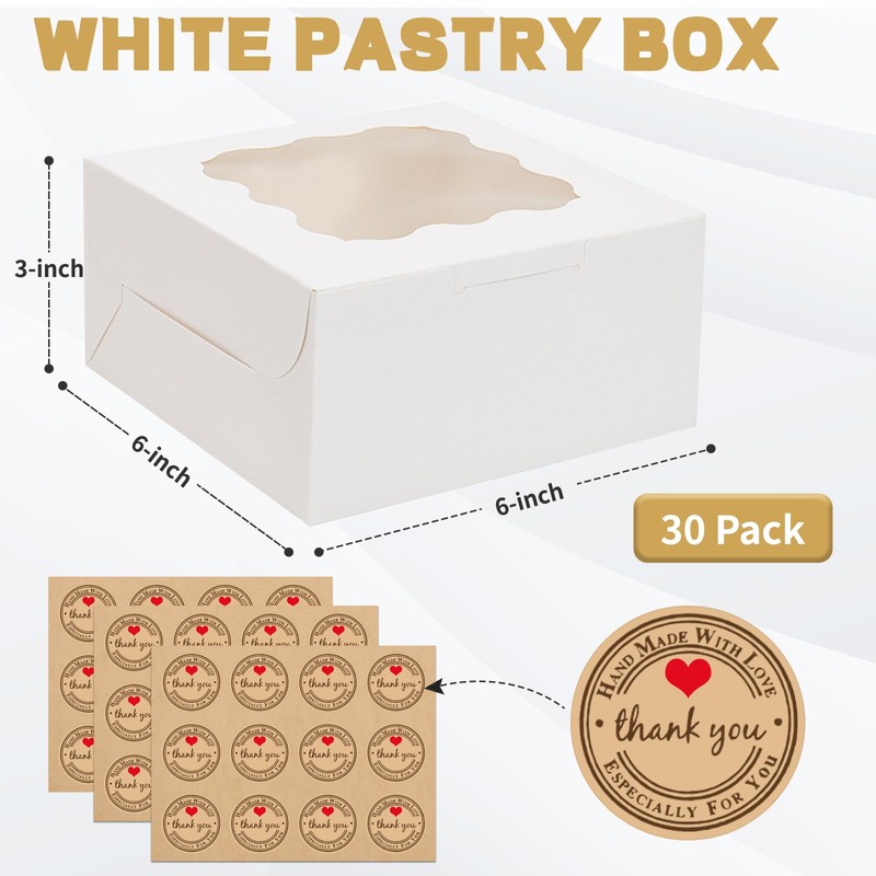 30pcs Cookie Boxes with Window, 6x6x3 Inches White Bakery Boxes,