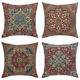 Sanwarm Throw Pillow Covers Home Decor Set of 4 Tribal Eastern Geometric Vintage Pillow Cases Decorative 18 x 18 Inches Outdoor Cushion Couch Sofa Pillowcases