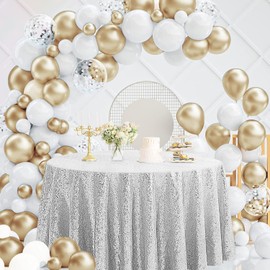 Pufogu 50" Round Silver Sequin Tablecloth Glitter Silver Table Cloths for Birthday Wedding Bridal Baby Shower Party Decorations